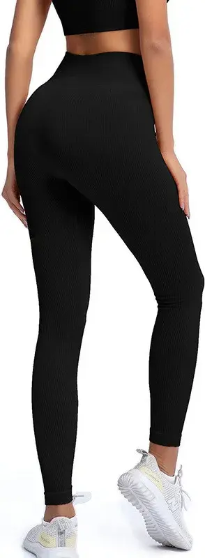 Bulhi Fit Ribbed High-Waist Leggings - Black, Size S - Seamless, Elastic, Fade & Stretch-Resistant, 90% Polyamide 10% Spandex, Wide Waistband for Yoga