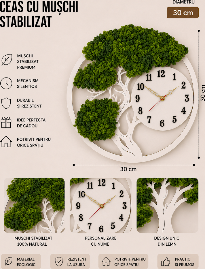 Lemica Stabilized Moss Wall Clock, Tree-shaped Design, White, Natural Engraved Wood Frame, 100% Natural Moss, Silent Mechanism, 30 cm, Customizable
