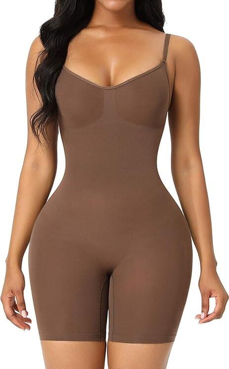 WEIYANI Seamless Shapewear Bodysuit, Knee-Length Bodysuit Dress, Adjustable Straps, 80% Polyamide 15% Elastane, Bust & Hip Support, Breathable Body Shaper, Brown, Size S