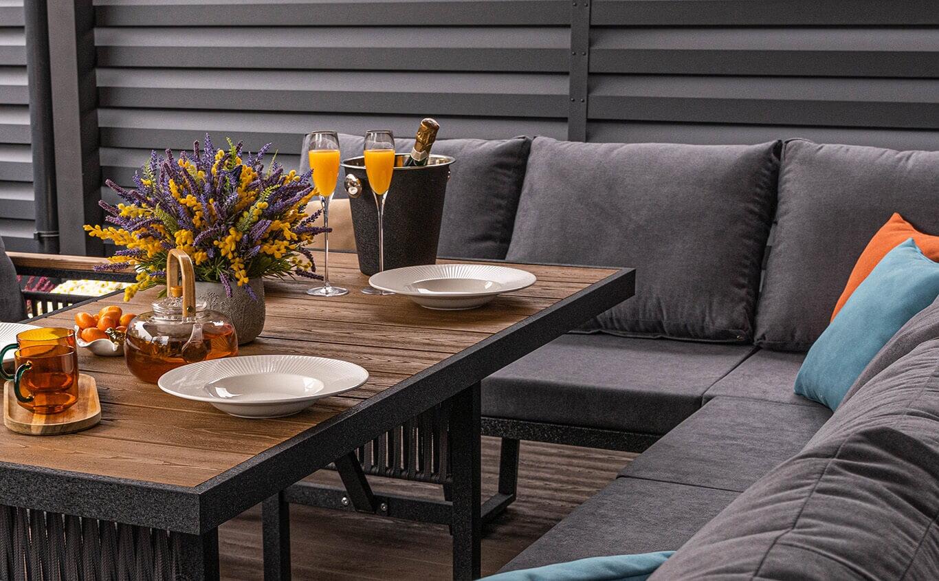 Set Mobilier Grădină YAKAMOZ Premium Loft, 1 Canapea Colț Reversibilă, 2 Fotolii, 1 Masă, 8 Saltele, 8 Perne, Cadru Metal, Detalii Sfoară, Negru