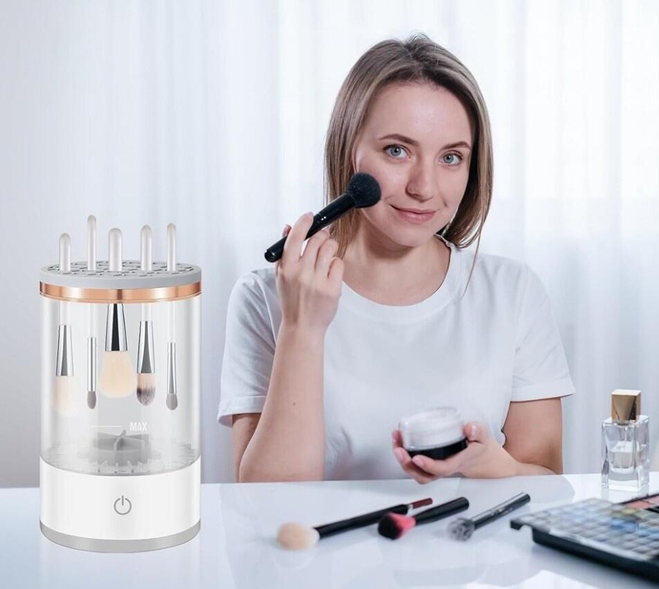 Electric USB Makeup Brush Cleaner Machine, Automatic Sonic Vibration Deep Cleaning Tool with Silicone Drying Rack and 7000 RPM Motor, 5V 8W