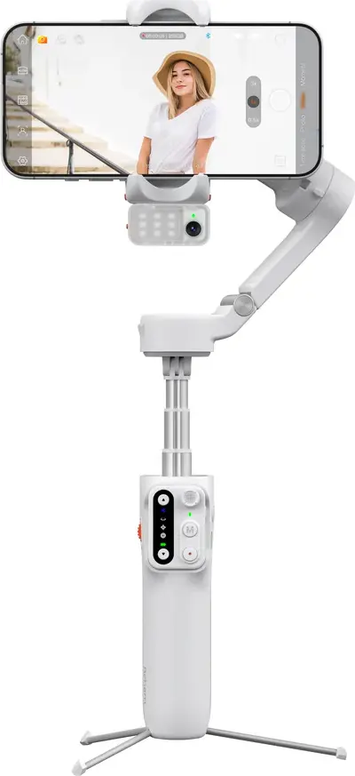 Hohem iSteady V3 3-Axis Smartphone Gimbal Stabilizer with Magnetic AI Tracker, Fill Light, Built-in Extension Rod, Tripod and Bluetooth Remote - Arctic White