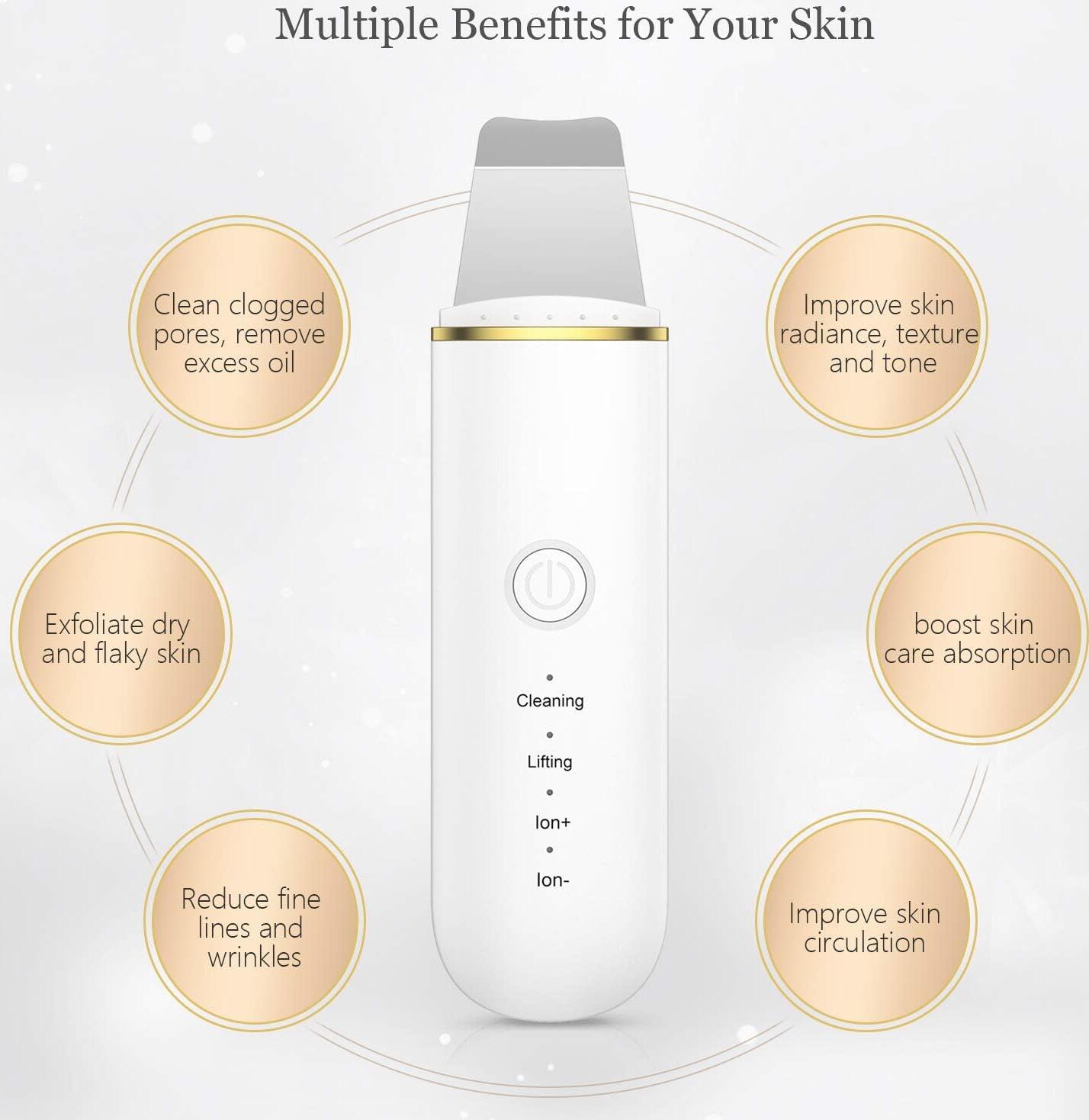 Curățător Ionic Ultrasonic 7C - Dispozitiv Facial 26kHz, 4 Funcții: Peeling, Micro-masaj, Iontoforeză, Baterie Reîncărcabilă USB, Spatulă din Oțel Inoxidabil