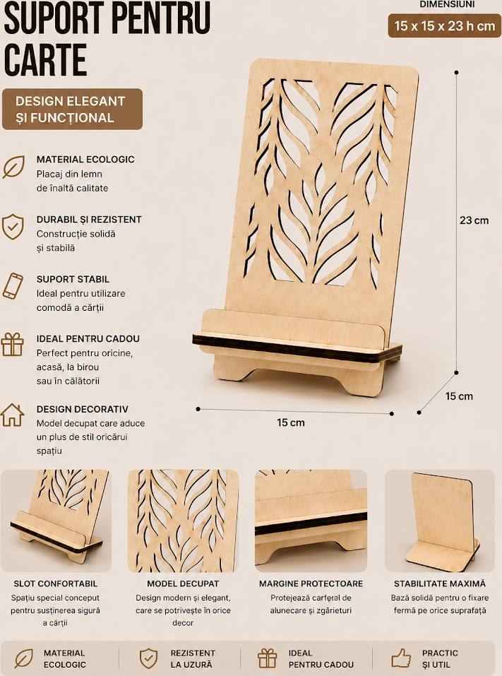 Lemica Wooden Book Holder, Eco-Friendly Plywood Stand with Leaf Pattern, 15x15x23 cm, Beige, Stable Base and Protective Edge for Home and Office