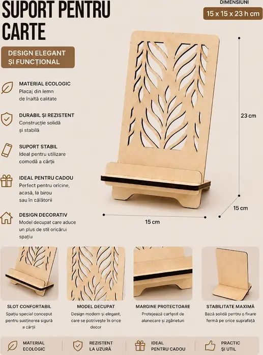 Lemica Wooden Book Holder, Eco-Friendly Plywood Stand with Leaf Pattern, 15x15x23 cm, Beige, Stable Base and Protective Edge for Home and Office