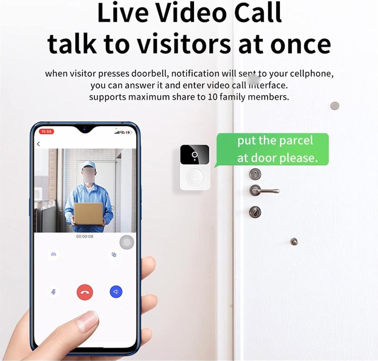 X9 Wireless Video Doorbell, 1080P HD, 2.4GHz Wi-Fi, 800mAh Battery, Night Vision, Two-Way Audio, Motion Detection, 3-Day Cloud Storage, ABS Plastic