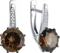 Серьги Diamant 94-320-02040-3 для женщин, серебро 925 с родиевым покрытием, дымчатый кварц и фианит, круглая форма, английский замок, 20 мм, 3.4 г