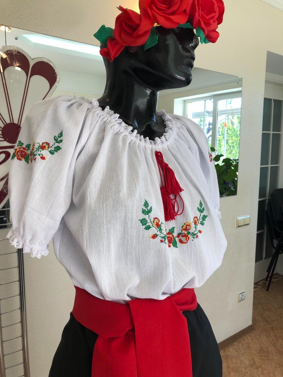 Benefis J 0391(4075) Women's Traditional Moldovan National Blouse, White Natural Cotton with Floral Machine Embroidery and Red Tassel