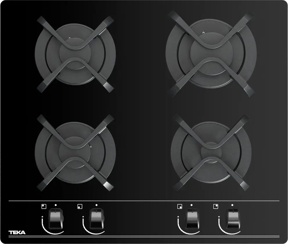 Teka GBC 64000 Gas on Glass Hob, 4 Burners SABAF, Black Tempered Glass, Cast Iron Grids, Auto-ignition & Safety System, 60x51 cm