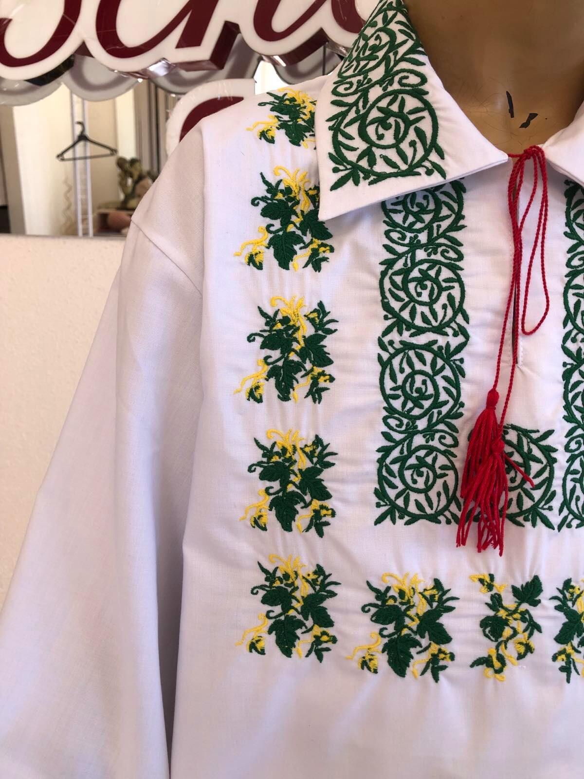 Benefis J 0382(6045) National Moldavian Boy's Shirt, White Magpie Fabric, Long Sleeve with Green and Yellow Machine Embroidery and Red Tassel Tie