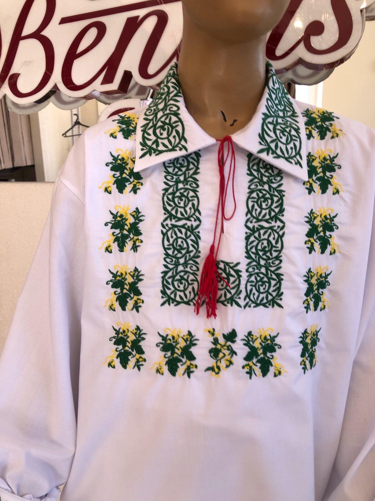 Benefis J 0382(6045) National Moldavian Boy's Shirt, White Magpie Fabric, Long Sleeve with Green and Yellow Machine Embroidery and Red Tassel Tie