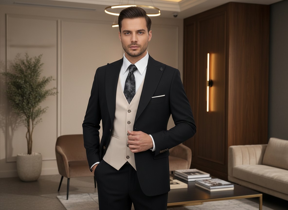 Classic Men's 3-Piece Slim Fit Suit - Single Breasted Jacket, Vest and Flat-Front Trousers for Business and Formal Events - Size 46 EU