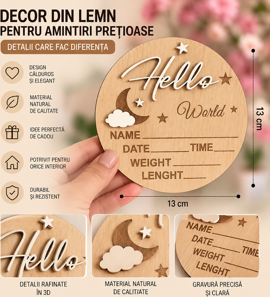 Lemica Hello World Newborn Plaque, Natural Wood Decorative Disc for Baby Photo Session, 13 cm, Personalized Birth Announcement with 3D Elements