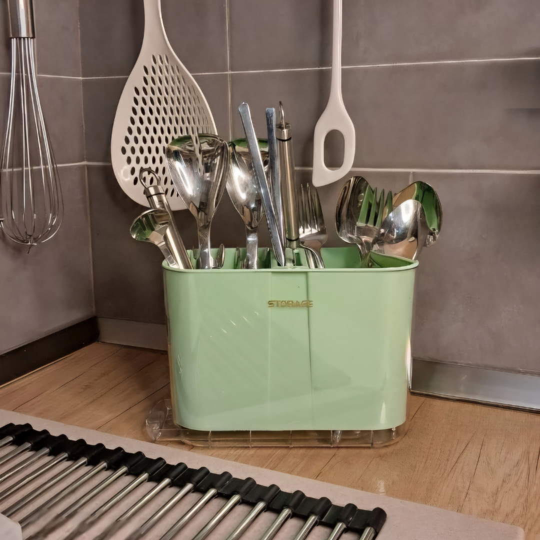 Glossy Green and Yellow 3-Compartment Plastic Cutlery Drying Rack with Removable Drainage Tray
