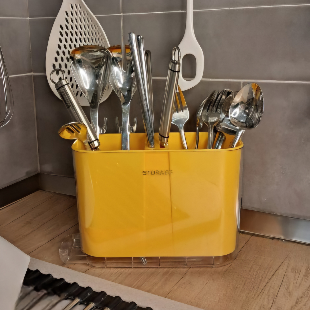 Glossy Green and Yellow 3-Compartment Plastic Cutlery Drying Rack with Removable Drainage Tray