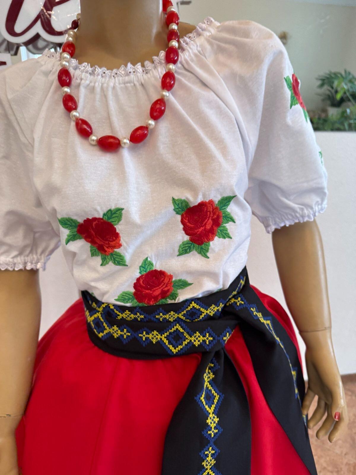 Bluza Nationala Benefis J 0352 Traditionala Moldoveneasca din Material de Camasa cu Broderie Mecanizata cu Trandafiri Rosii, Maneca Scurta Bufanta, 1 Bucata