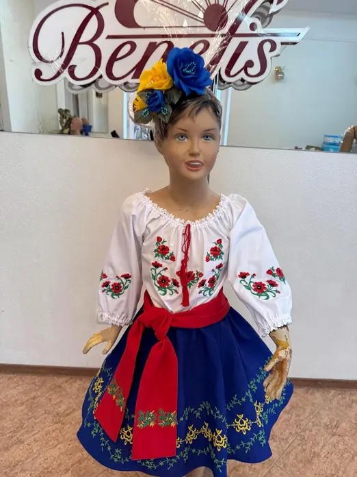 Fustă tradițională națională moldovenească pentru copii Benefis J 0374(4942), Albastru Regal, Materiale Naturale, Broderie Florală, Mărime M