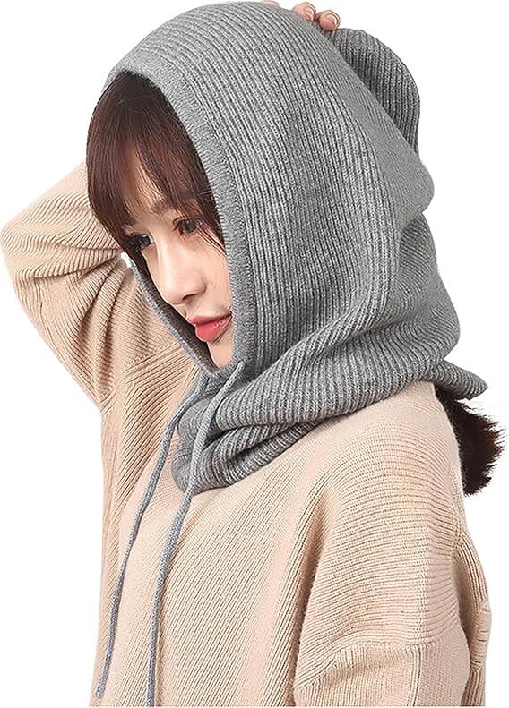 SOMALER Women's Knitted Hood - Color: Grey, Cotton/Polyester Blend, Wind & Rain Protection, One Size 55x31x28cm, Minimalist Head & Neck Cover for Spring-Autumn