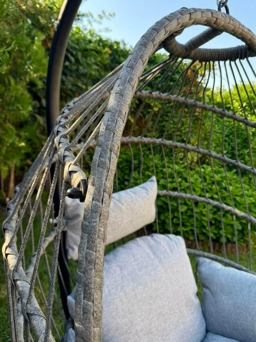 Scaun suspendat tip ou COCO pentru interior si terasa, Culoare: Gri, inaltime 195 cm, perne repelente la apa, cadru metalic, set de 3 piese