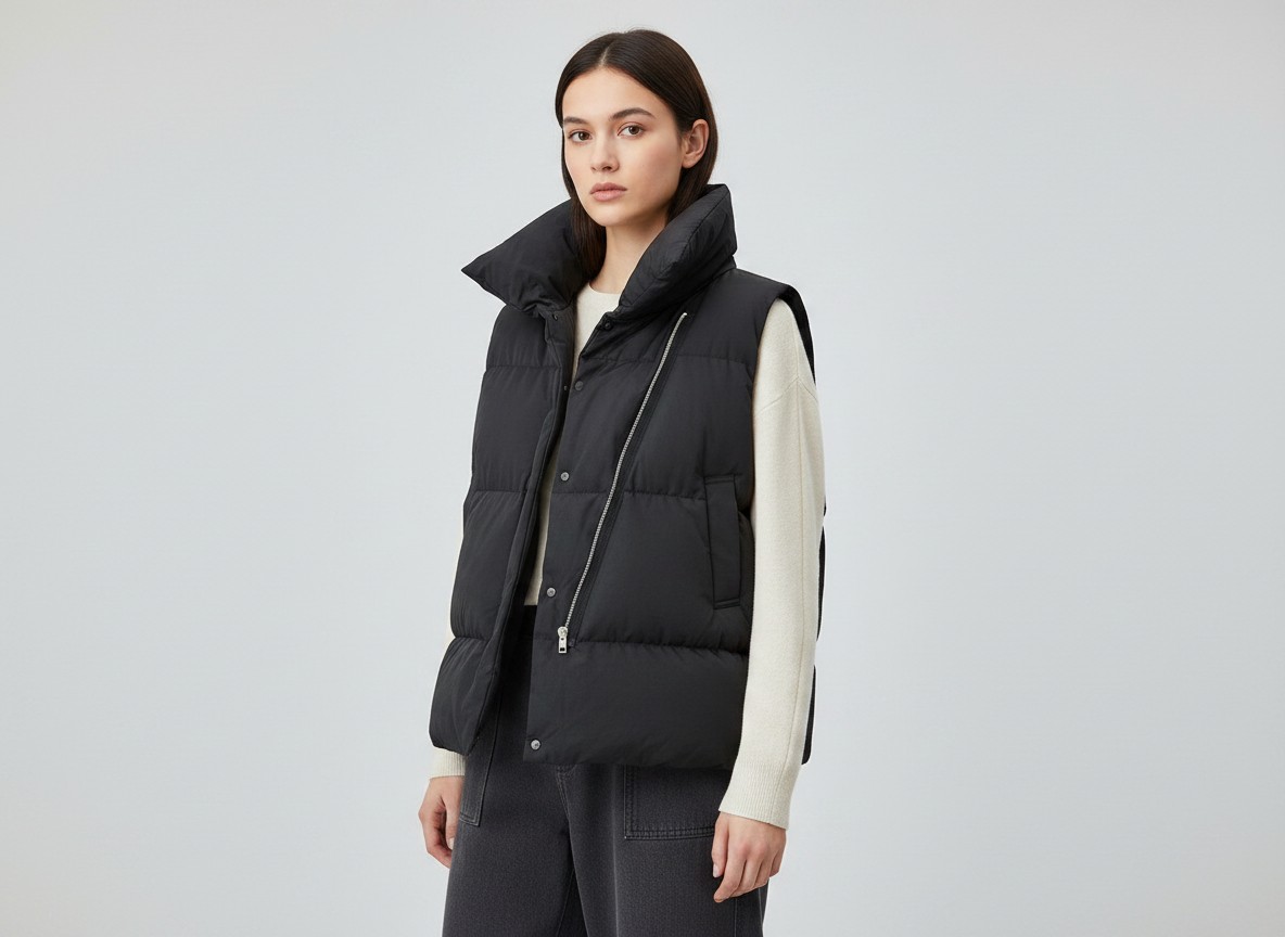 QIESANI Women's Oversized Quilted Vest - Polyester Puffer Vest with Front Zipper, Adjustable Drawstring Hem, Lightweight Autumn Outerwear, Size M