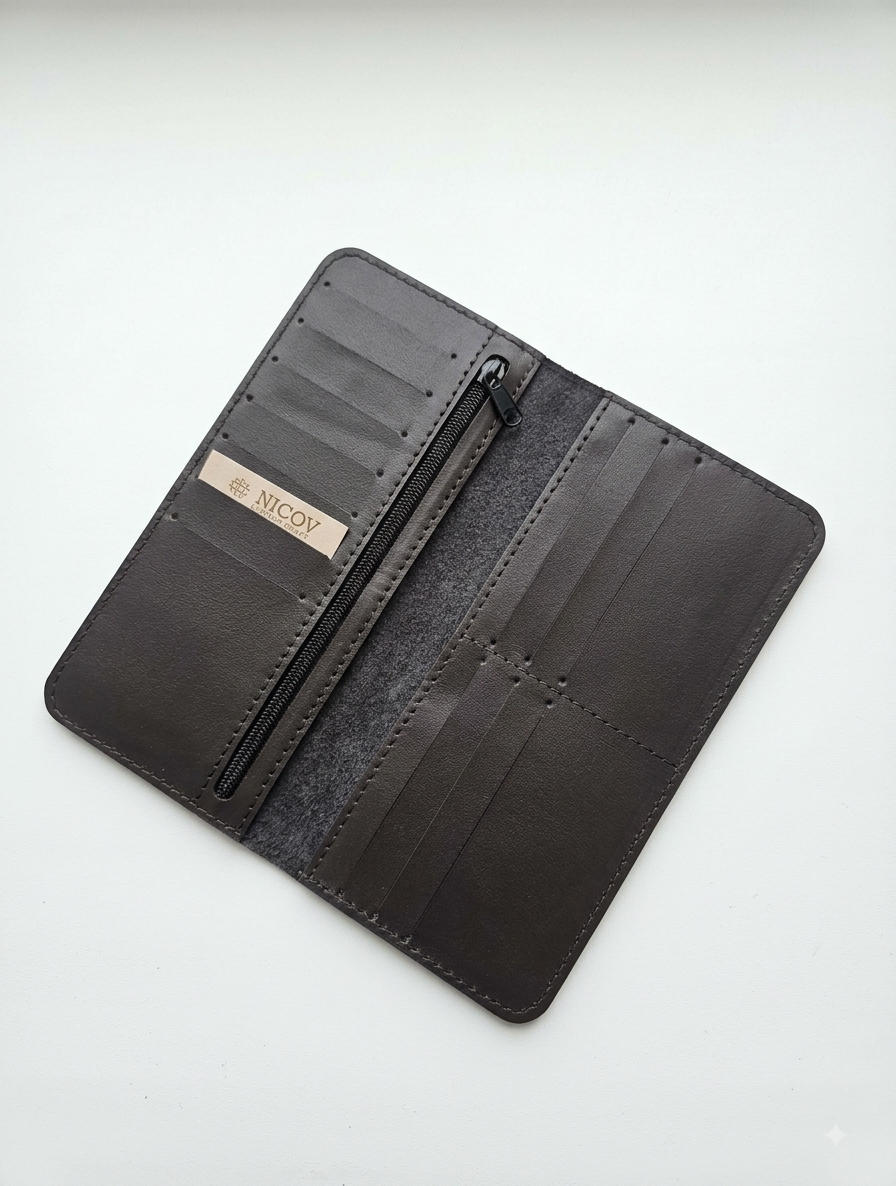 NICOV LONG Men's Wallet, Embossed Black, Natural Leather, 9x19 cm, 2 Banknote Compartments, 13 Card Slots, 1 Zipper Pocket, Open Design