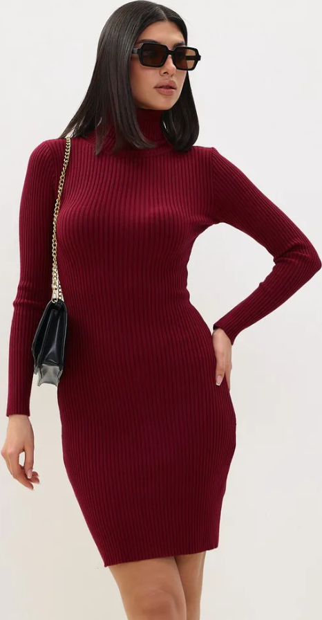 Rochie Pulover ESFASHION cu Guler Înalt, Culoare Vișiniu, Croială Slim Fit din Tricot Canelat din Amestec de Cașmir și Lână, Mărime Universală, Lungime 85cm