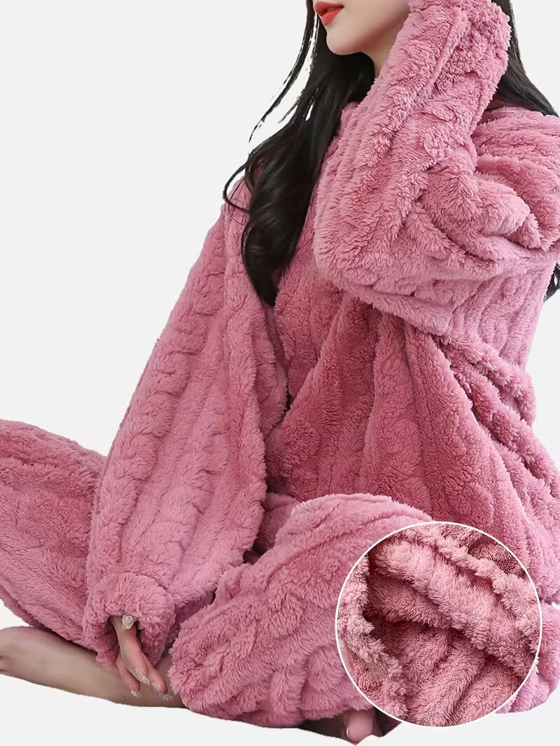 Set de pijamale din fleece pentru femei SANWOOD, roz, calduros, moale, cu mânecă lungă și pantaloni lungi, îmbrăcăminte de iarnă pentru dormit