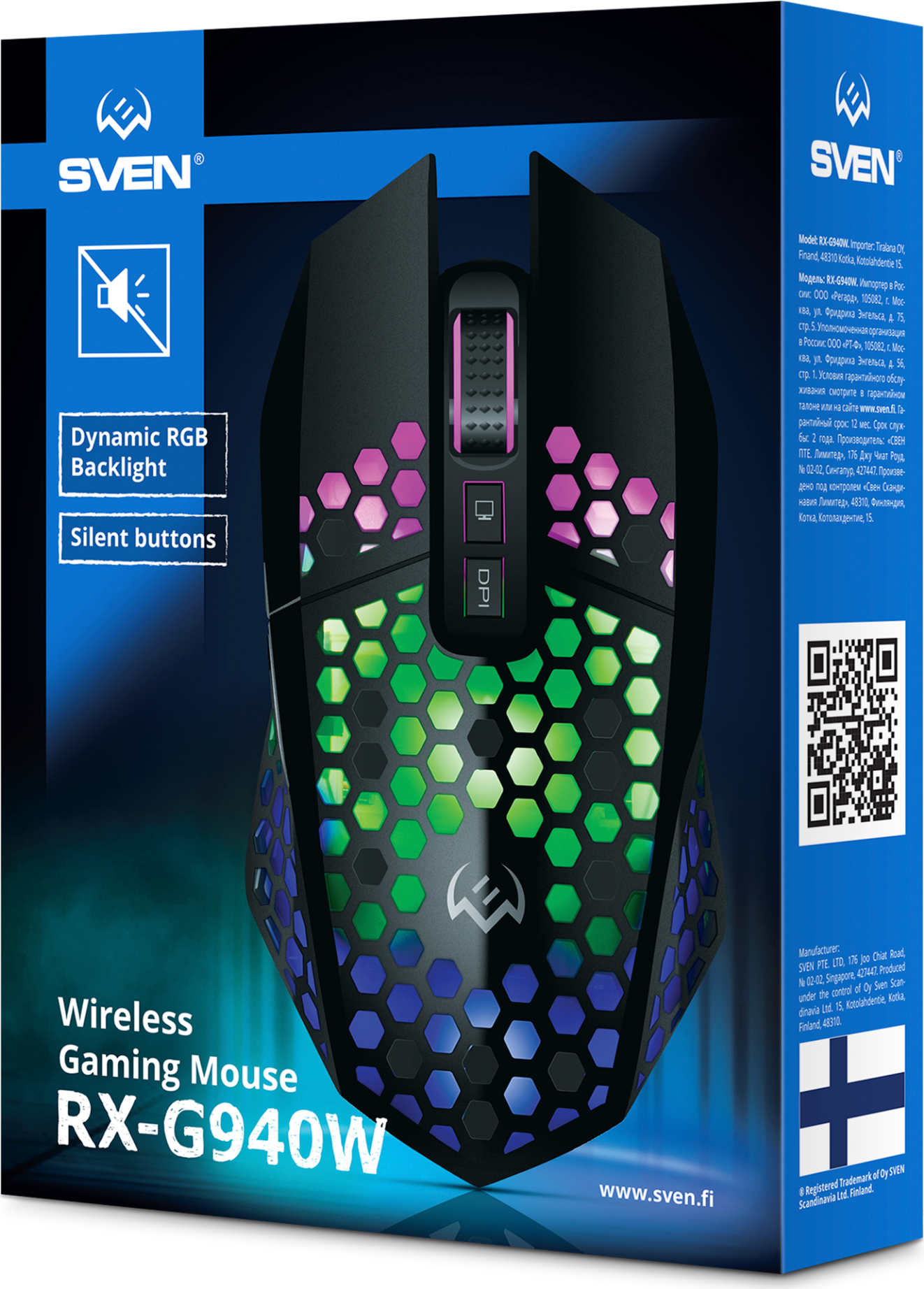 SVEN RX-G940W Wireless Gaming Mouse, Silent Buttons, Honeycomb Shell, RGB, 3600 DPI, 7 Buttons, 2.4GHz, Rechargeable