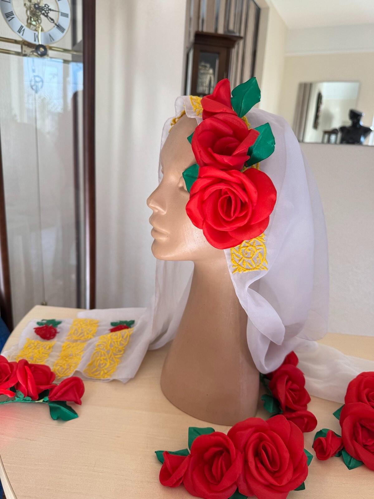 Benefis J 0373 Festive Headdress Set of 2 for Women's Moldovan National Costume, Traditional Marama Veil with Gold Floral Embroidery and Flower