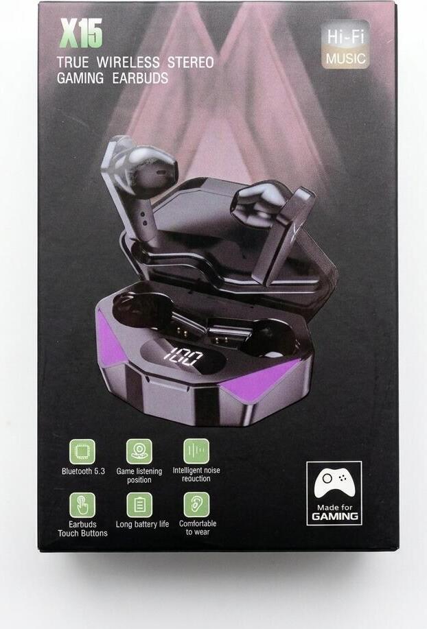 Игровые беспроводные наушники X15, TWS Bluetooth 5.3 Hi-Fi Stereo, задержка 65 мс, зарядный кейс 1200 мАч с LED-дисплеем, шумоподавление, встроенный микрофон