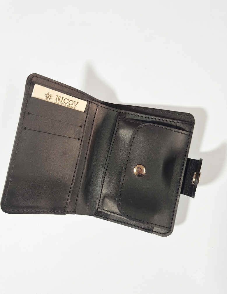 NICOV Book Type Wallet, Black with relief, Handmade 100% Natural Leather, 13 x 10 cm, with Coin Pocket, Card and Document Slots, Snap Button Closure