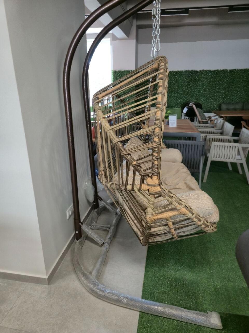 Kapadokya Dublu Double Garden Swing, White-Grey, 2-Person Capacity, Hand-Woven Synthetic Rattan with Metal Frame, 187x210x118 cm, Includes Soft Cushions