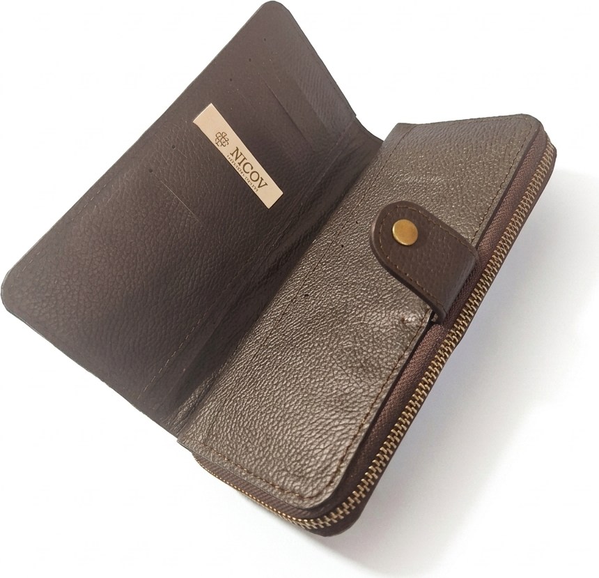 Nicov BIG Large Genuine Leather Wallet, Brown, 5 Banknote Compartments, 14 Card Slots, Zippered Coin Pocket, 20cm x 9cm