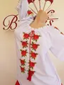 Benefis J 0346(4804) Women's National Moldavian Blouse, Shirt Fabric with Machine Floral Rose Embroidery, Lace Trim and Puffy Sleeves
