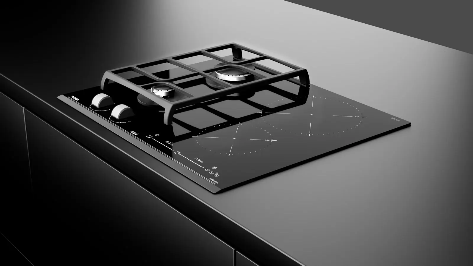 Комбинированная варочная панель Teka JZC 64322 ABN BK, газ на стекле и индукция, 4 конфорки (2 газ + 2 индукция), управление MultiSlider Touch, чугунные решетки