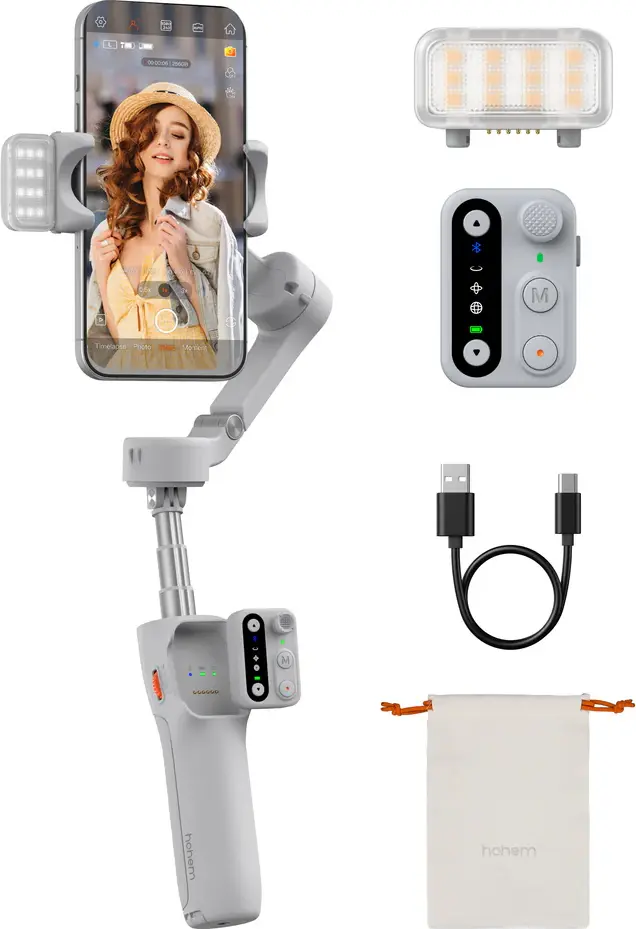 Hohem iSteady X3 3-Axis Smartphone Gimbal Stabilizer, Gray, Built-in Extension Rod & Tripod, Detachable Remote, Magnetic Fill Light, 300g Payload