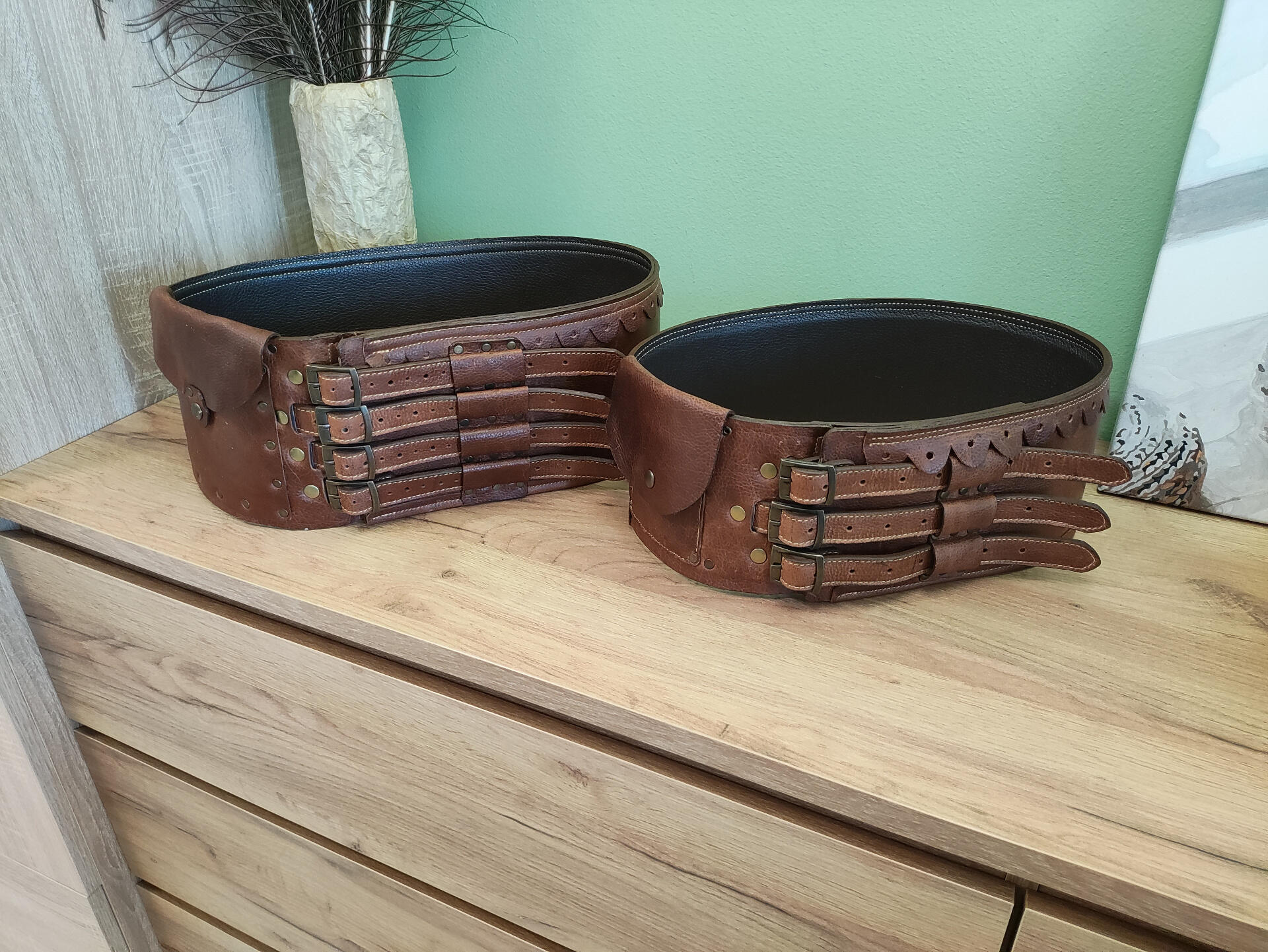 Traditional Romanian Black Leather Chimir Belt, Handmade Natural Leather, Wide Folk Costume Accessory with 3 Buckles, Metal Rivets and Leather Pocket
