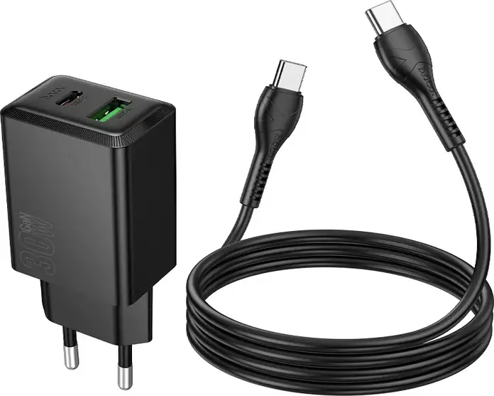 Hoco N71 New Wall Charger Set PD 30W + QC 3.0 Dual Port USB-C and USB-A Fast Charging Adapter with 1m USB-C to USB-C Cable EU Plug Black