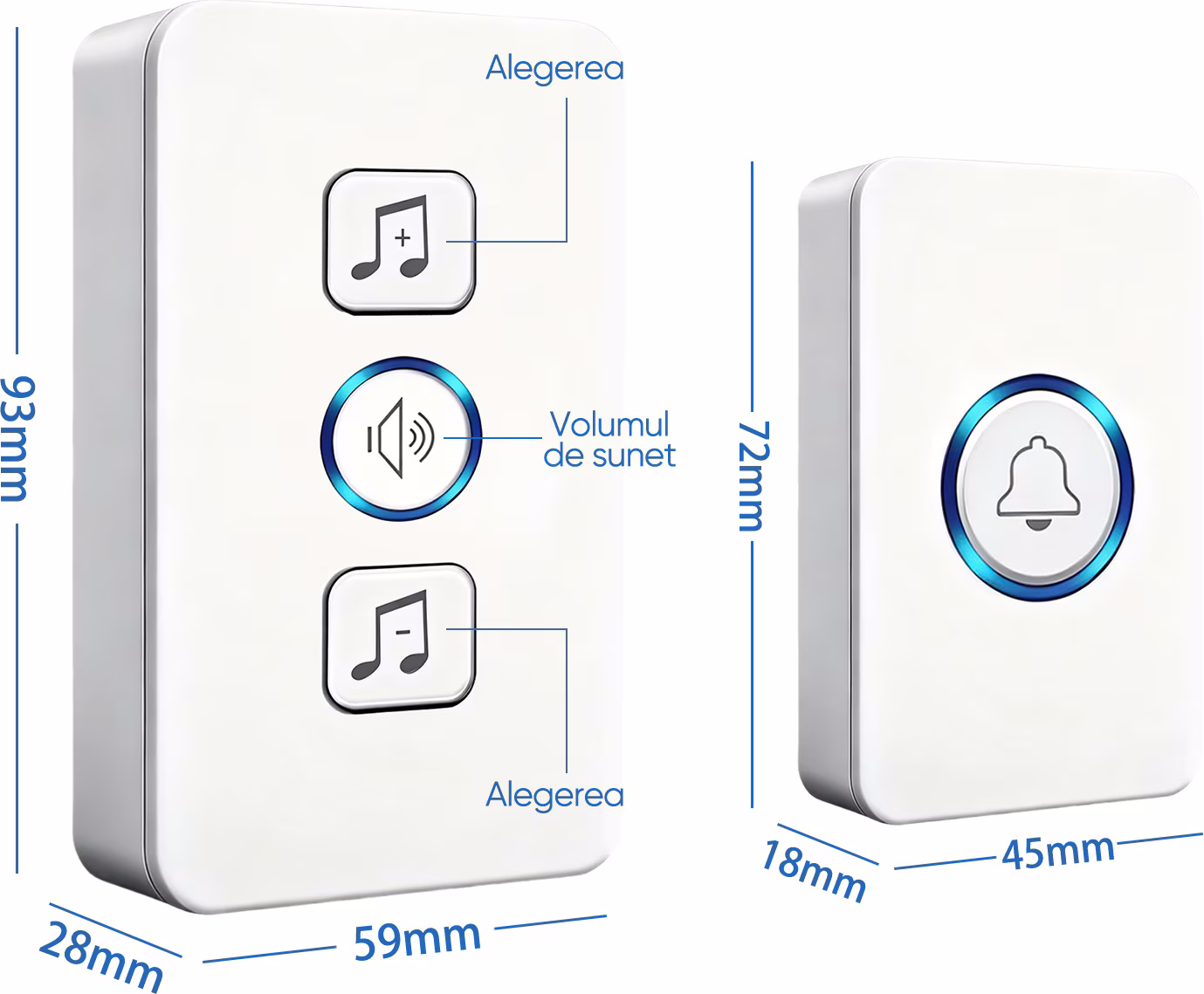 Wireless Doorbell Set with 2 Receivers, 433.92 MHz RF, 62 Polyphonic Melodies, 80dB Max Volume, IP44 Weatherproof, 100m Range, 12V Battery Transmitter, Plug-in Receivers