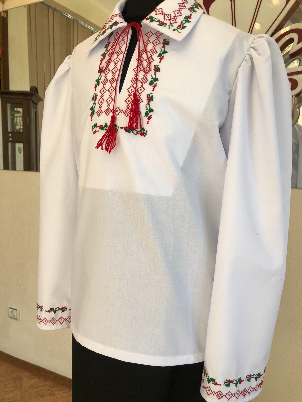 Benefis J 0380(6043) National Moldavian Shirt for Boys, White Magpie Fabric, Red and Green Machine Embroidery, Long Sleeves, Size M (134-146 cm)