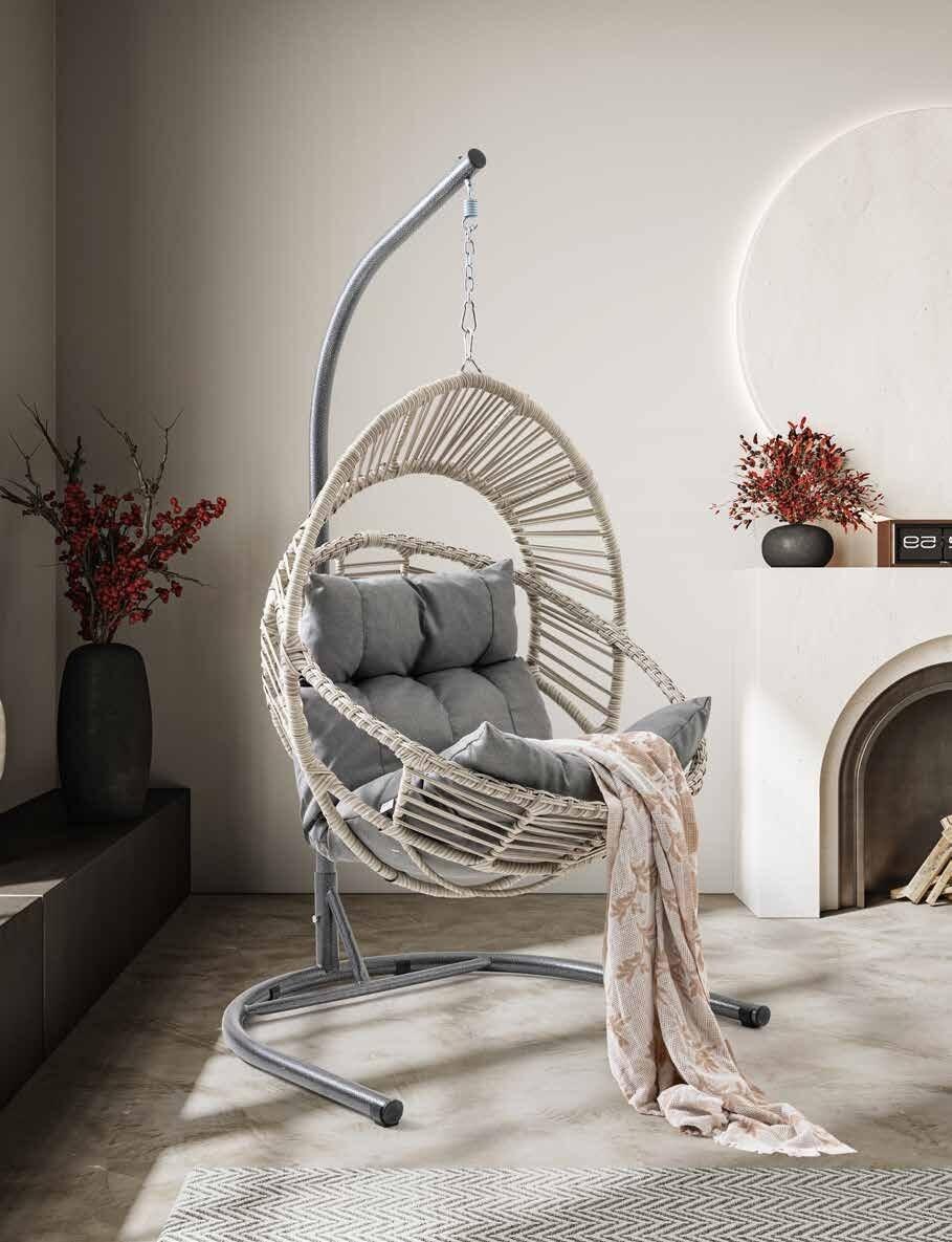 Leagan Nobel Tip Cocoon Single cu Suport, Cos Suspendat din Rattan Sintetic, Design Ergonomic, Culoare Gri, Capacitate 130kg, 120x115x210 cm, cu Perne Incluse