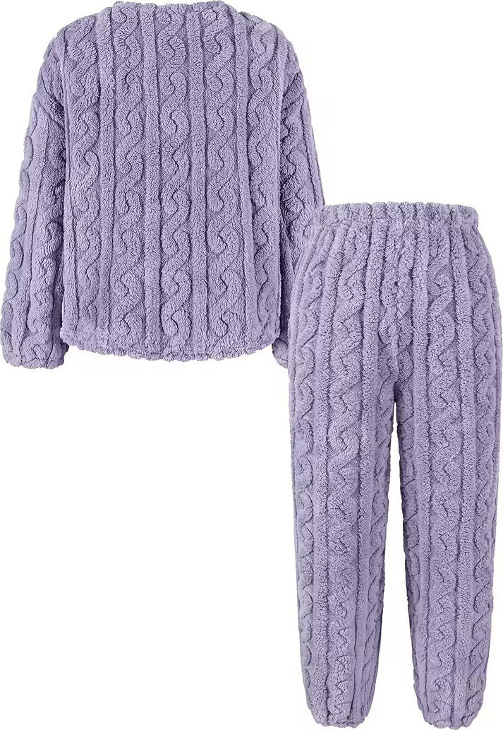 Set de pijamale din fleece pentru femei SANWOOD, violet, calduros, moale, cu mânecă lungă și pantaloni de lungime întreagă, haine de iarnă, haine de noapte