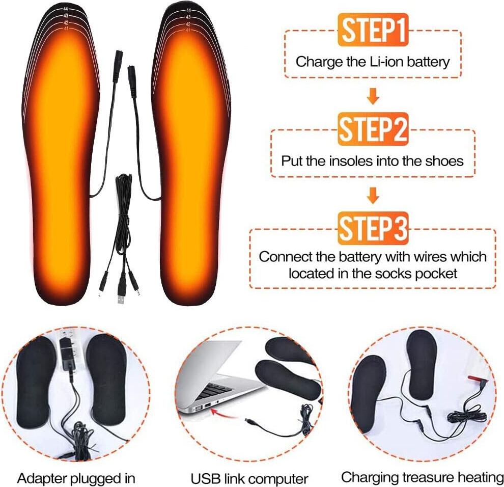USB Heated Insoles - Carbon Fiber Thermal Insoles, 1.5m Detachable USB Cable, 5V Power, 40-50°C Heat, EVA Foam & Thermal Fabric, Rechargeable for Indoor/Outdoor Footwear