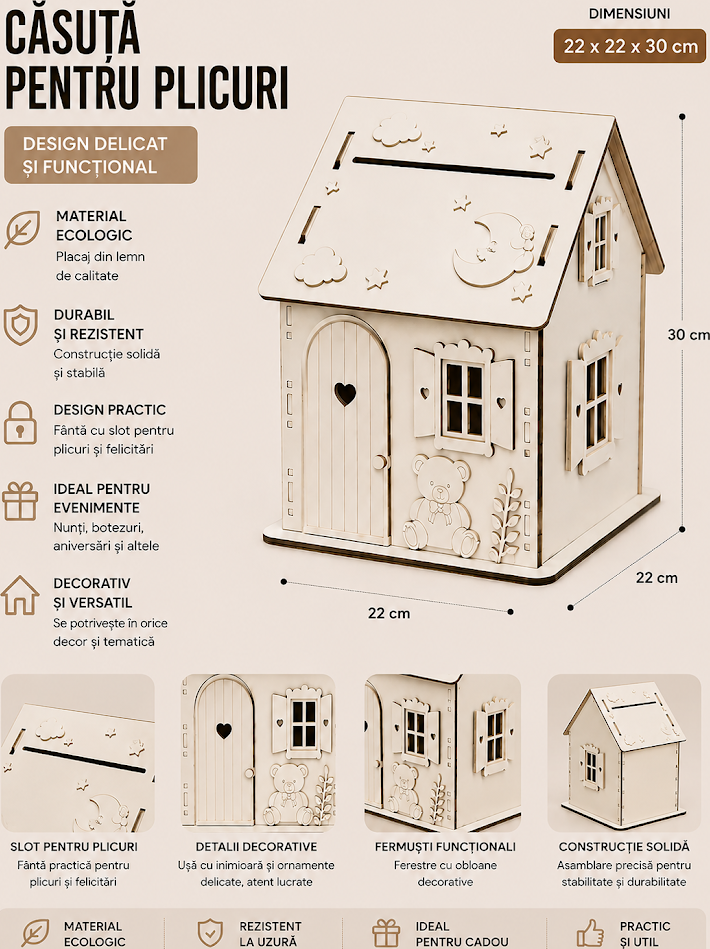Lemica Casuta Decorativa pentru Plicuri si Carti de Felicitare, Plianta Eco-friendly Alba, 22x22x30 cm, cu Usa in Forma de Inima si Ursulet