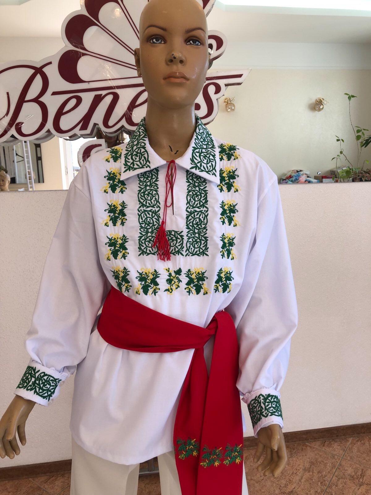 Benefis J 0382(6045) National Moldavian Boy's Shirt, White Magpie Fabric, Long Sleeve with Green and Yellow Machine Embroidery and Red Tassel Tie