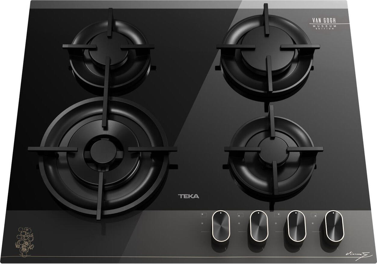 Teka GBC 64-VGogh Gas Hob, Special Edition Van Gogh Museum, 60 cm Secured Crystal Glass, 4 SABAF High-Efficiency Burners, Cast Iron Grates, Dark Grey