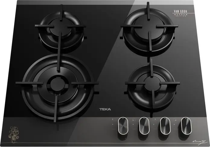 Teka GBC 64-VGogh Gas Hob, Special Edition Van Gogh Museum, 60 cm Secured Crystal Glass, 4 SABAF High-Efficiency Burners, Cast Iron Grates, Dark Grey