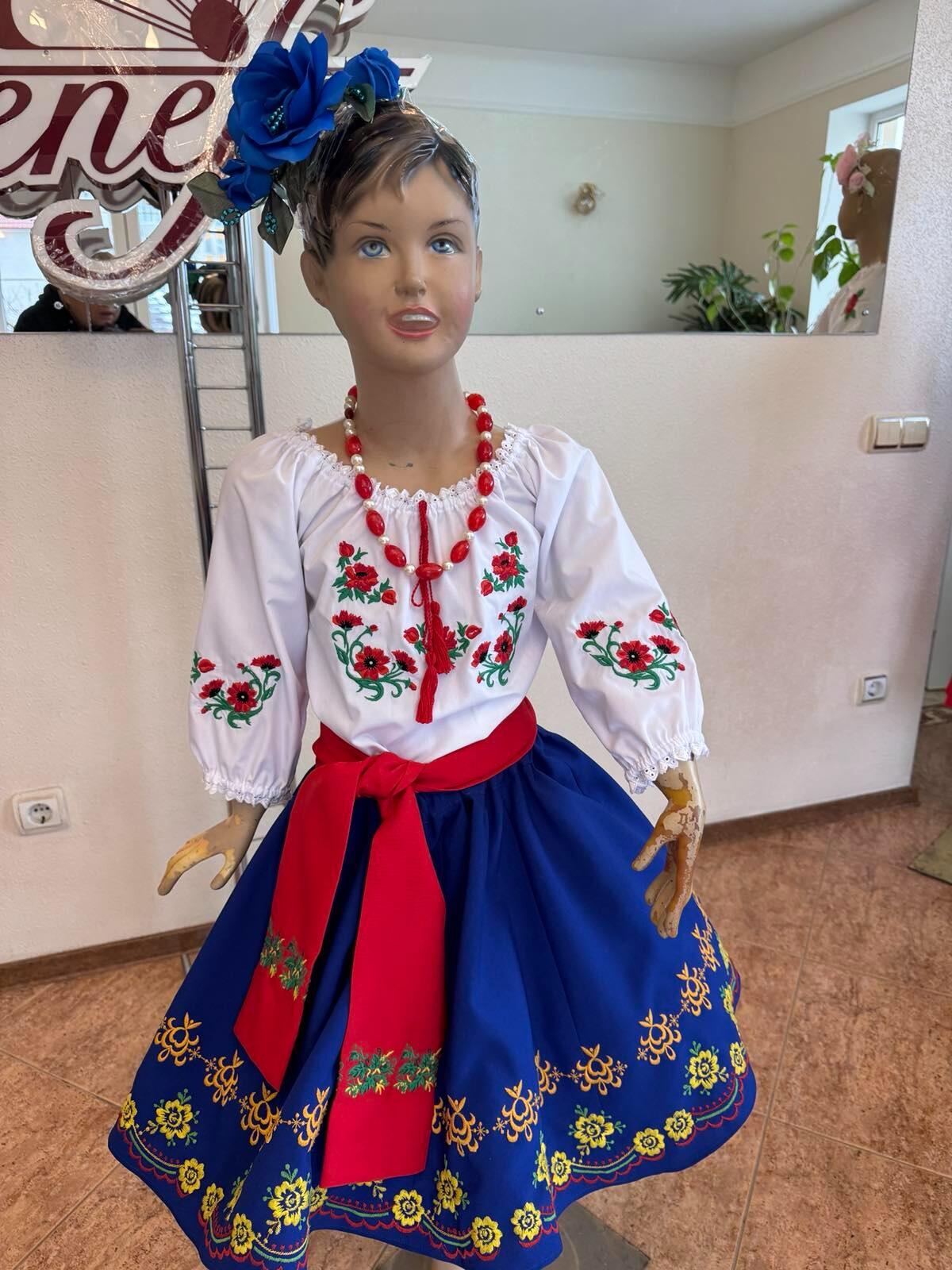 Benefis J 0113 Moldovan National Skirt Set of 2 for Girls, Blue with Floral Embroidery, Natural Materials, includes Tulle Petticoat
