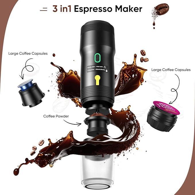 Meseto Портативная кофемашина 3 в 1, давление 20 бар, совместима с капсулами Nespresso, Dolce Gusto и молотым кофе, аккумулятор 7500 мАч, зарядка USB-C, функция нагрева воды, резервуар 60 мл, дорожная кофеварка для автомобиля, кемпинга и офиса
