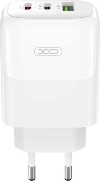 XO L139 65W GaN Quick Charger, 3-Port (2xUSB-C, 1xUSB-A) PD 3.0/QC 4.0+ Wall Adapter for Laptops, Tablets and Smartphones, White